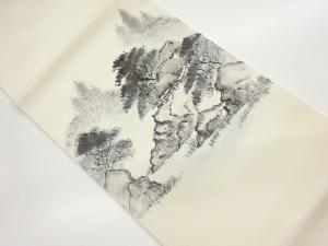 作家物　塩瀬手描き家屋・風景模様開き名古屋帯（額縁仕立て）